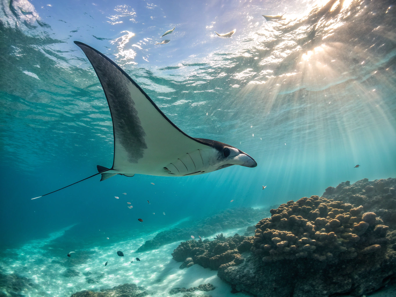 Manta ray gliding through blue water