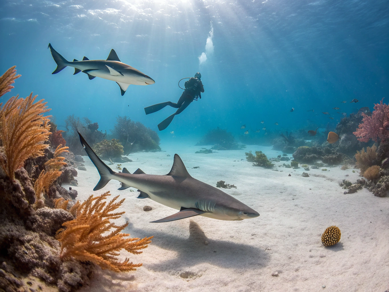 Reef sharks patrolling the ocean floor